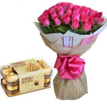 24 Pink Roses  bouquet and  Box of Ferrero Rocher Chocolates